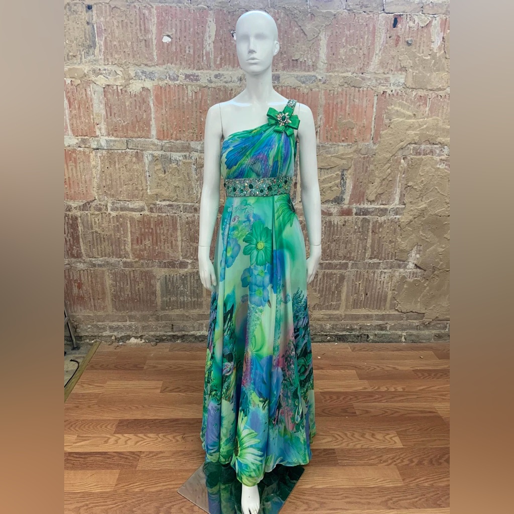 Camille La Vie One Shoulder Floral Dress In Green And Blue